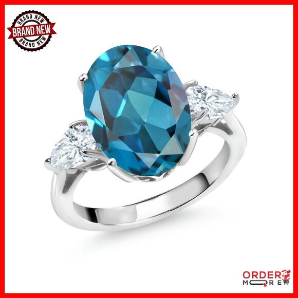 Sterling Silver Three-Stone Oval Gemstone Engagement Ring Size 8